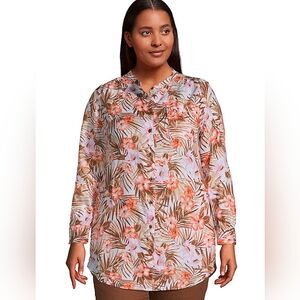 Lands' End 100% Linen Long Sleeve Tunic Top Button Down, White Tropic, sz 16